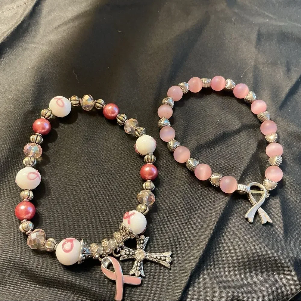 Set of 2 Breast Cancer Awareness Bracelets in Pinks and Charms
